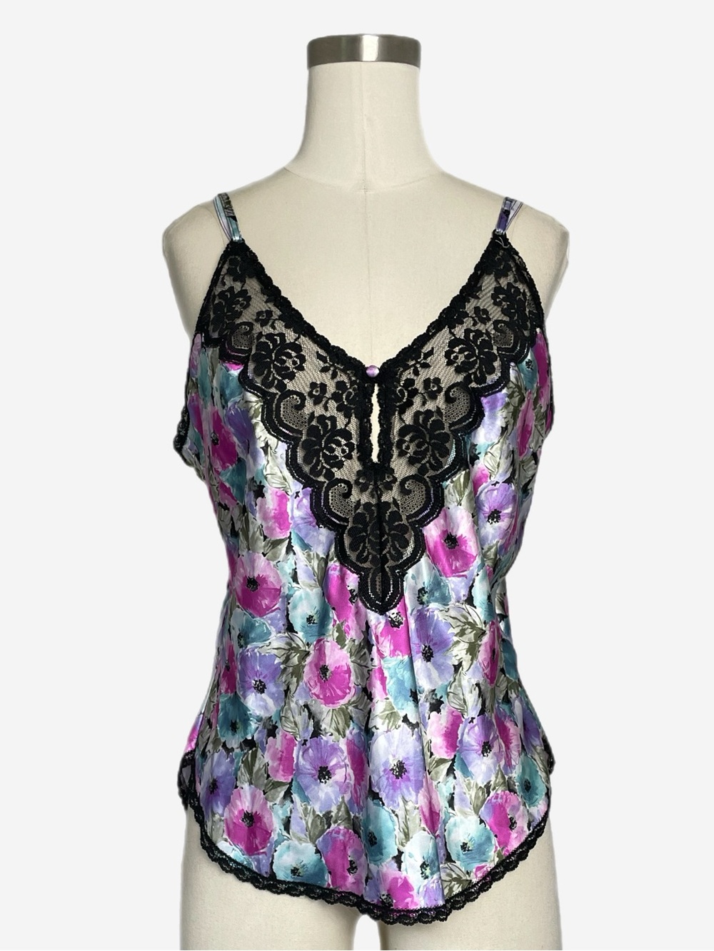 Vintage 90s Maidenform purple pink floral black sheer lace front camisole S